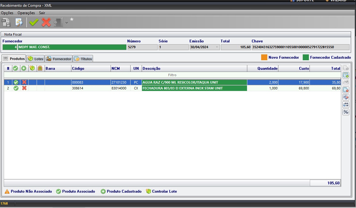 Tela de recebimento compras